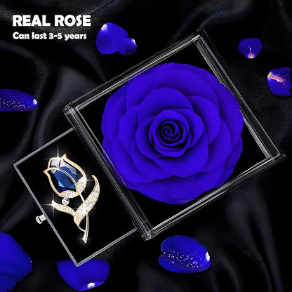 Preserved Rose Gift Enchanted Real Blue Rose with Sapphire Brooch, Eternal Flower Rose, Handmade Rose in Box with Pin, Forever Blue Rose Gift for Her on Mother'S Day, Birthday.