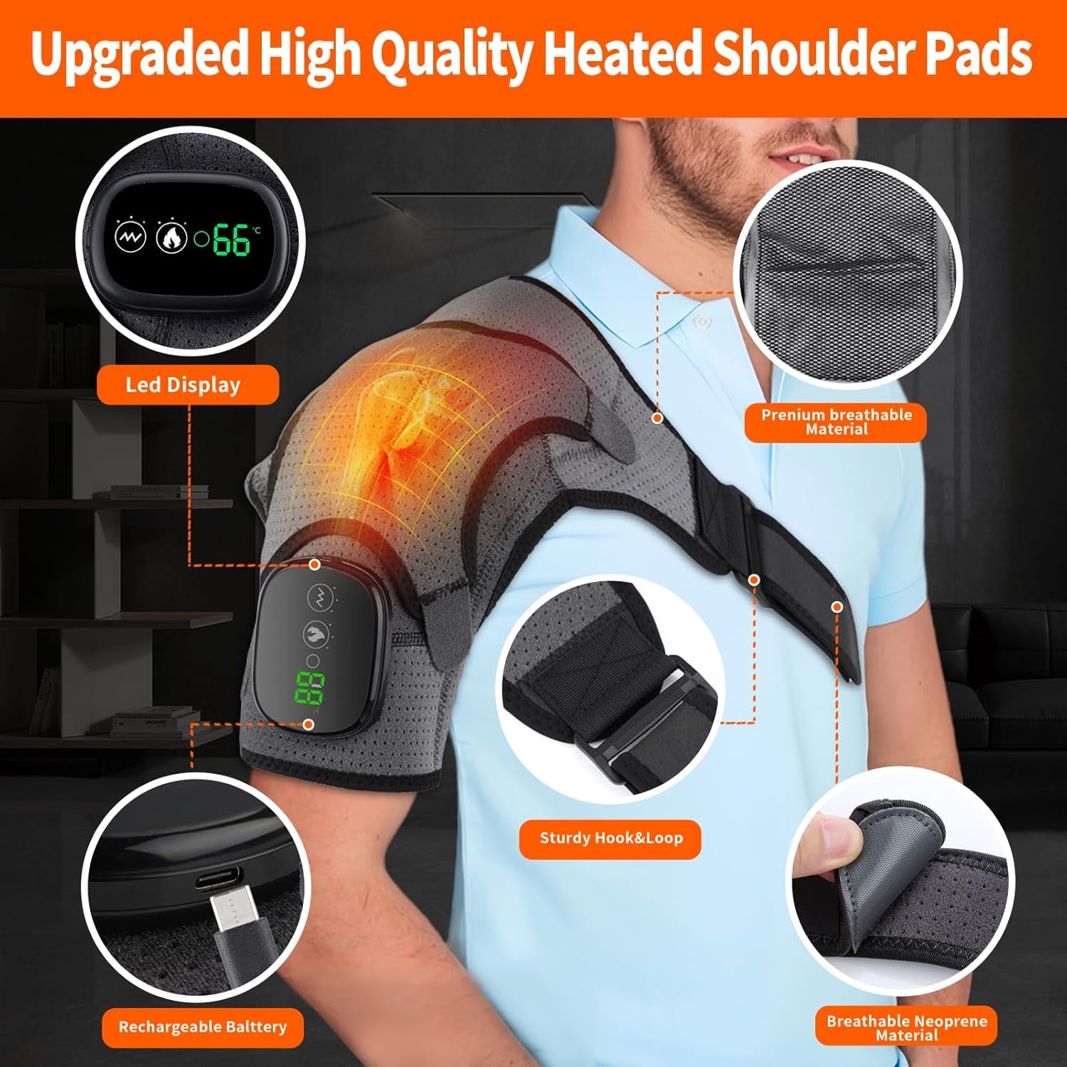 Cordless Heated Shoulder Brace Wrap, Heating Pad with Massage, 3 Heat & Vibration, 5000Mah Battery Powered, Shoulder Massager for Men Women