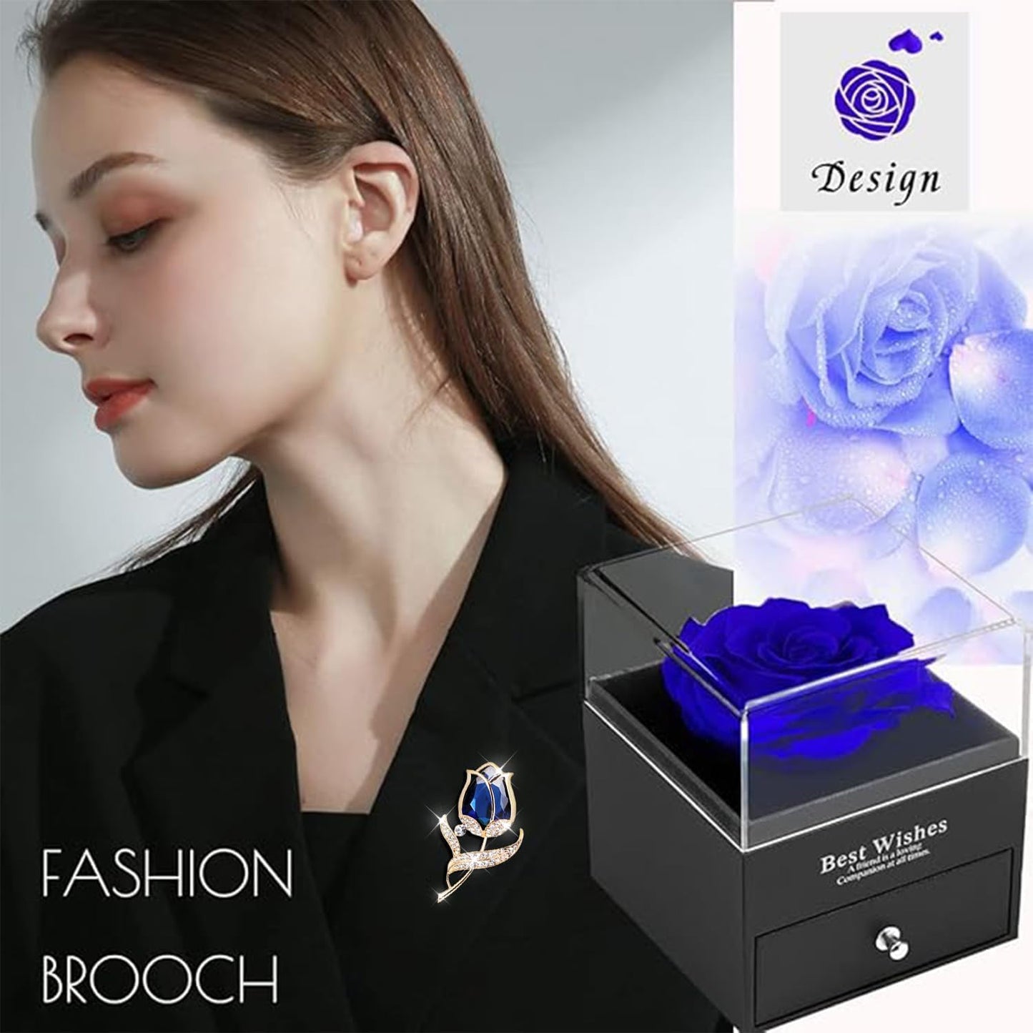 Preserved Rose Gift Enchanted Real Blue Rose with Sapphire Brooch, Eternal Flower Rose, Handmade Rose in Box with Pin, Forever Blue Rose Gift for Her on Mother'S Day, Birthday.
