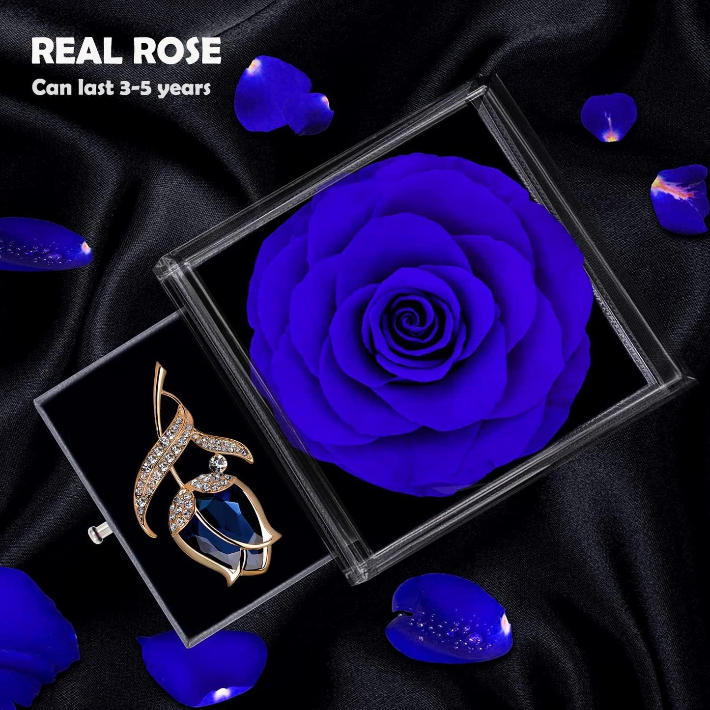 Preserved Rose Gift Enchanted Real Blue Rose with Sapphire Brooch, Eternal Flower Rose, Handmade Rose in Box with Pin, Forever Blue Rose Gift for Her on Mother'S Day, Birthday.