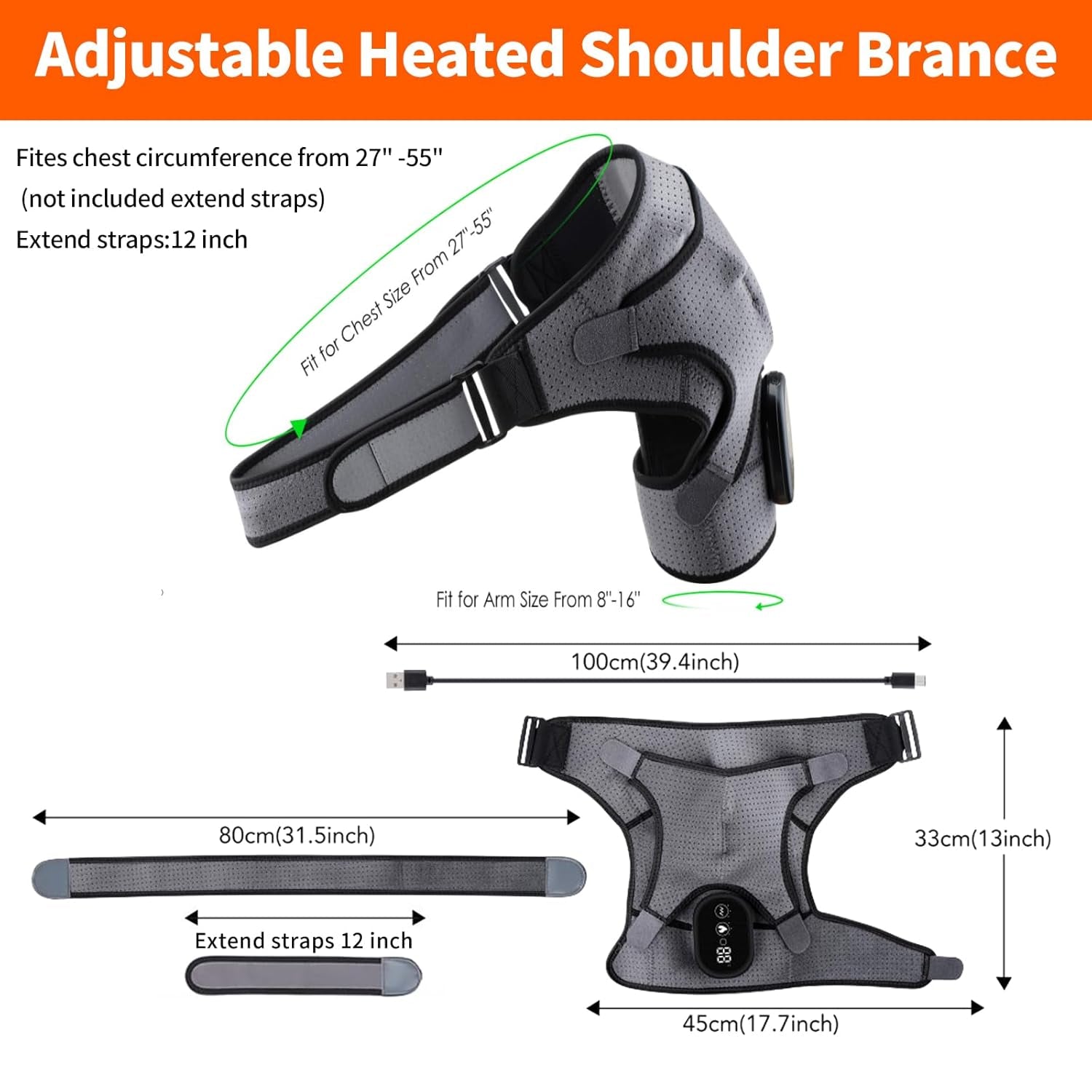 Cordless Heated Shoulder Brace Wrap, Heating Pad with Massage, 3 Heat & Vibration, 5000Mah Battery Powered, Shoulder Massager for Men Women