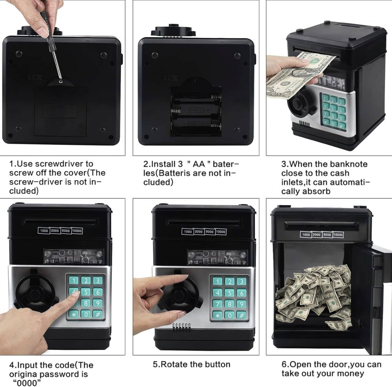 Piggy Bank for Kids, ATM Electronic Password Cash Coin Bank, Money Saving Box for Kids, Boys Girls Birthday Gift (Black)