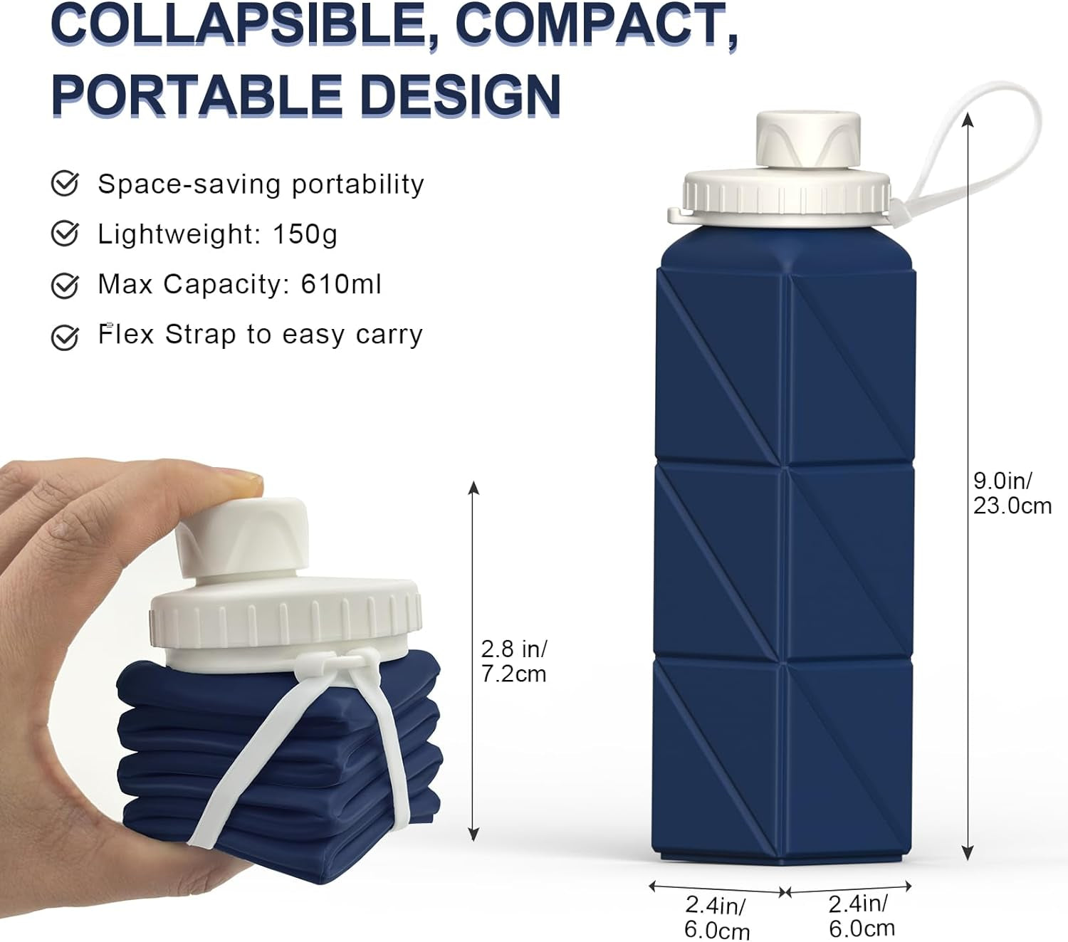Collapsible Water Bottles 20.6Oz, Silicone Foldable Portable Travel Water Bottle, Lightweight Reusable Leakproof for Traveling Camping Hiking Cycling Yoga Sports Outdoor