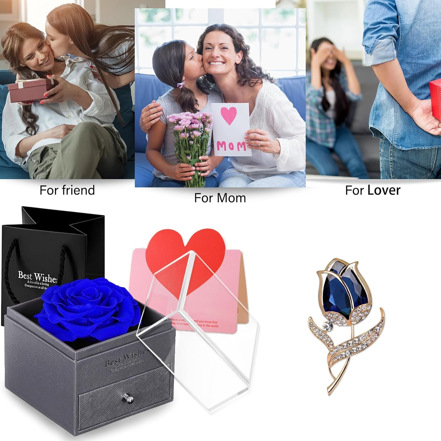 Preserved Rose Gift Enchanted Real Blue Rose with Sapphire Brooch, Eternal Flower Rose, Handmade Rose in Box with Pin, Forever Blue Rose Gift for Her on Mother'S Day, Birthday.