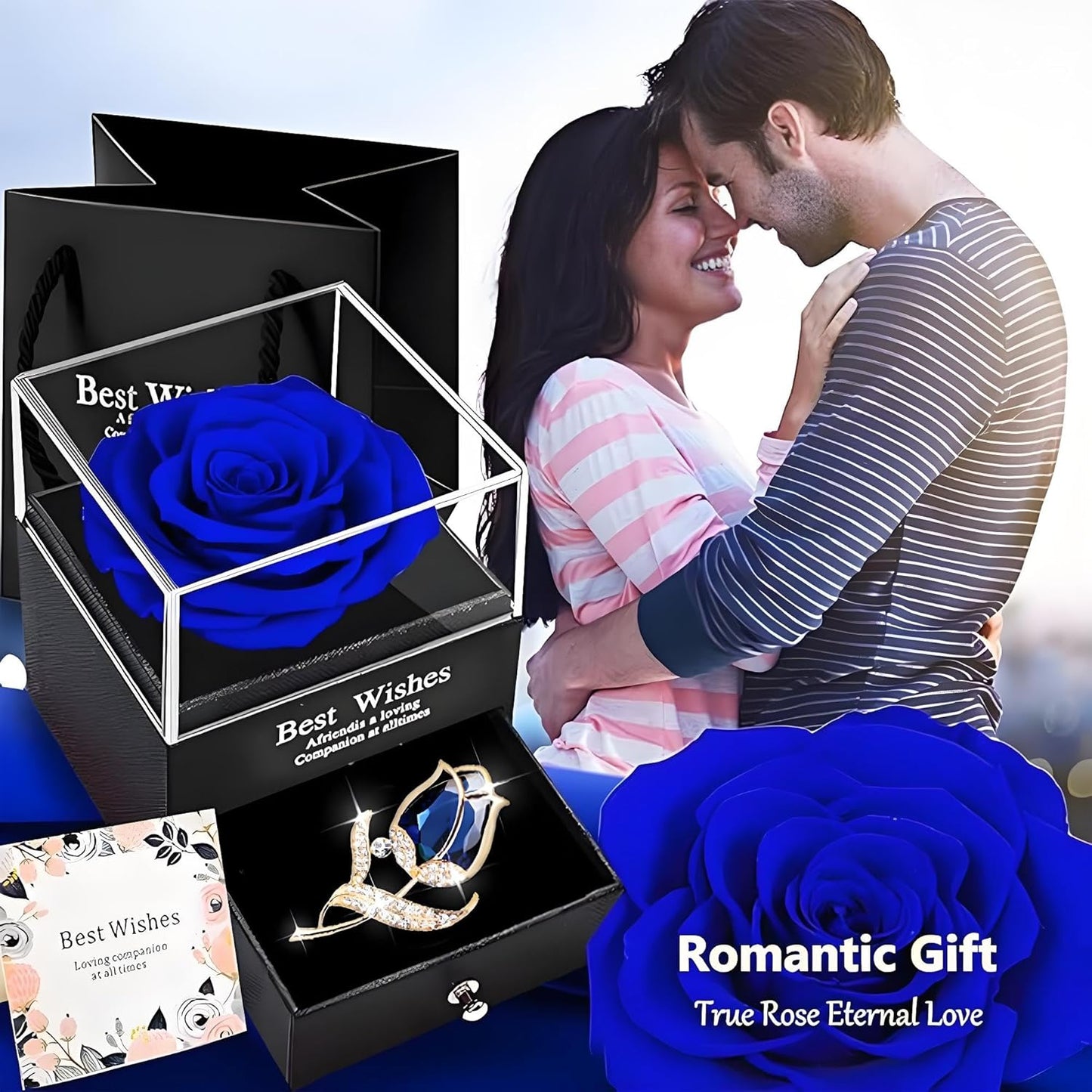 Preserved Rose Gift Enchanted Real Blue Rose with Sapphire Brooch, Eternal Flower Rose, Handmade Rose in Box with Pin, Forever Blue Rose Gift for Her on Mother'S Day, Birthday.